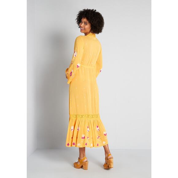 ModCloth Yellow Sunshine of Your Love Floral Embroidered Midi Dress Sz 6 - Picture 2 of 12